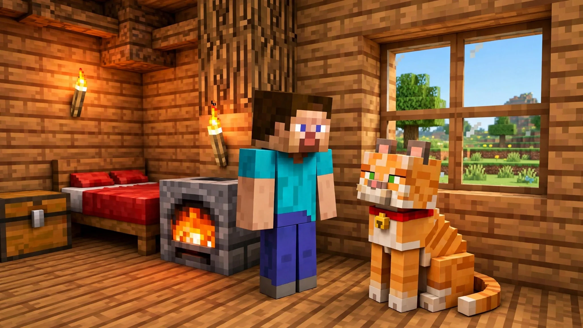 Tamed cat with a red collar sitting beside its owner in Minecraft