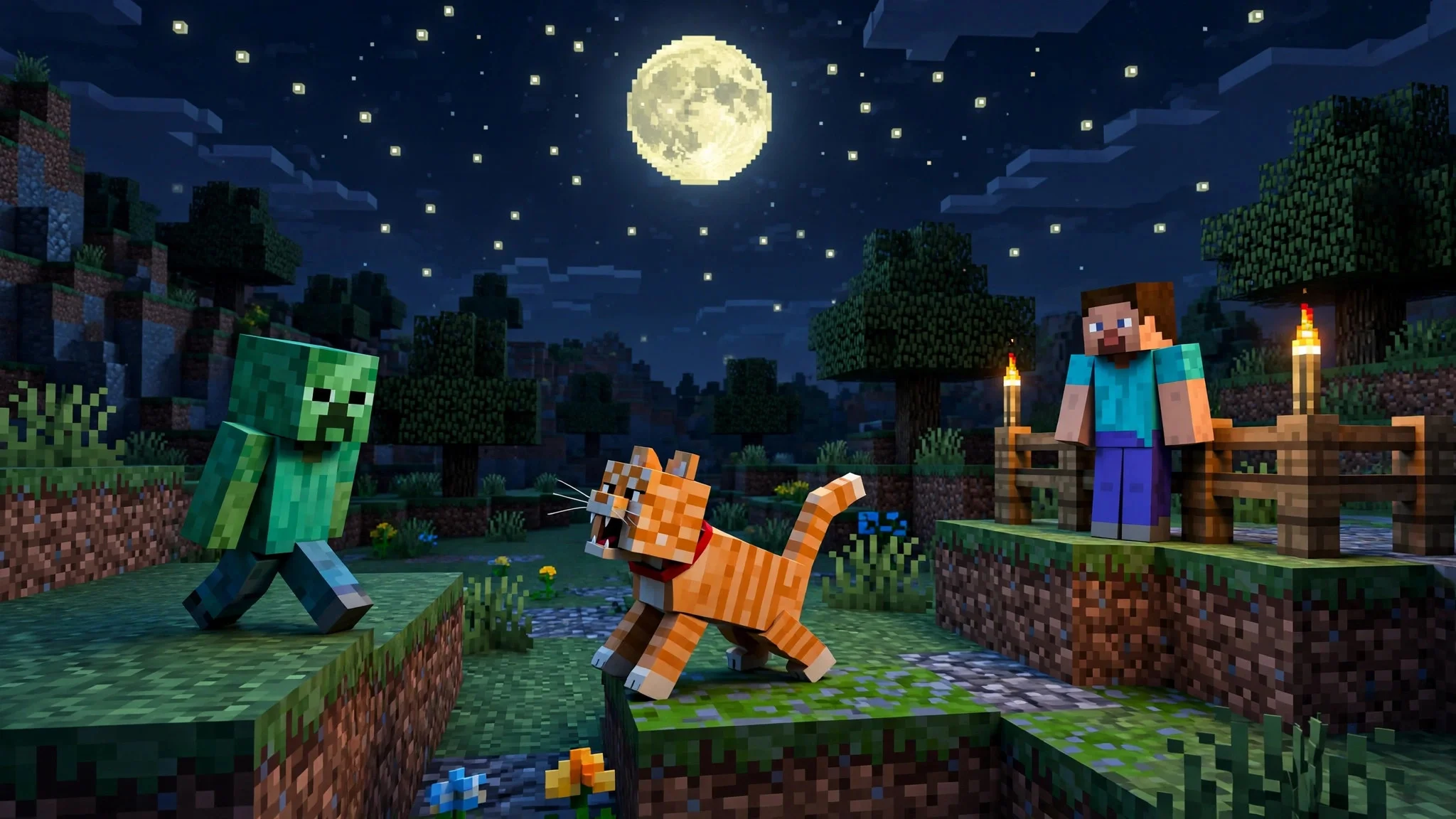 Tamed cat scaring away a creeper at night in Minecraft