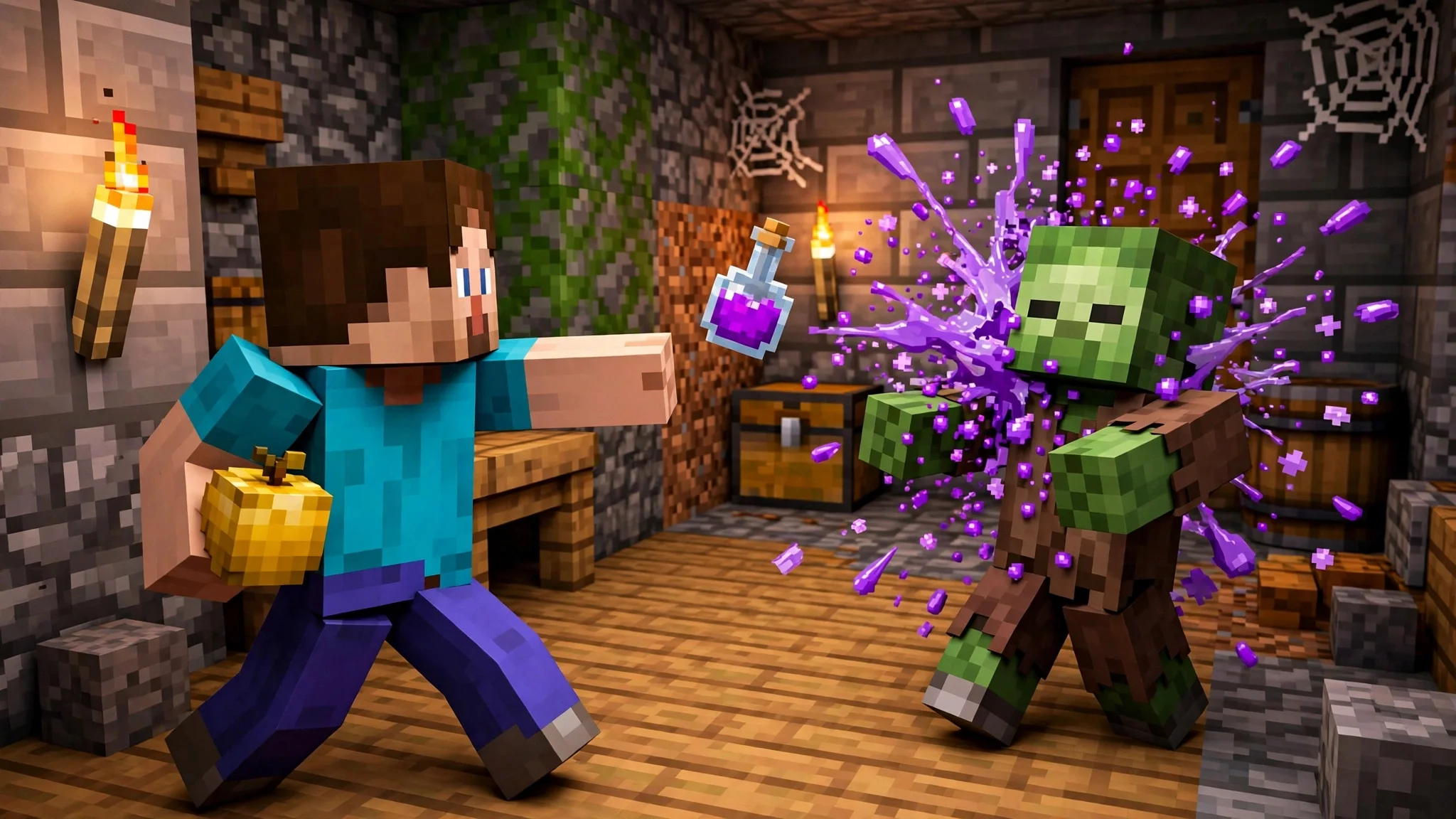 Player throwing a splash potion of weakness to cure a zombie villager in Minecraft
