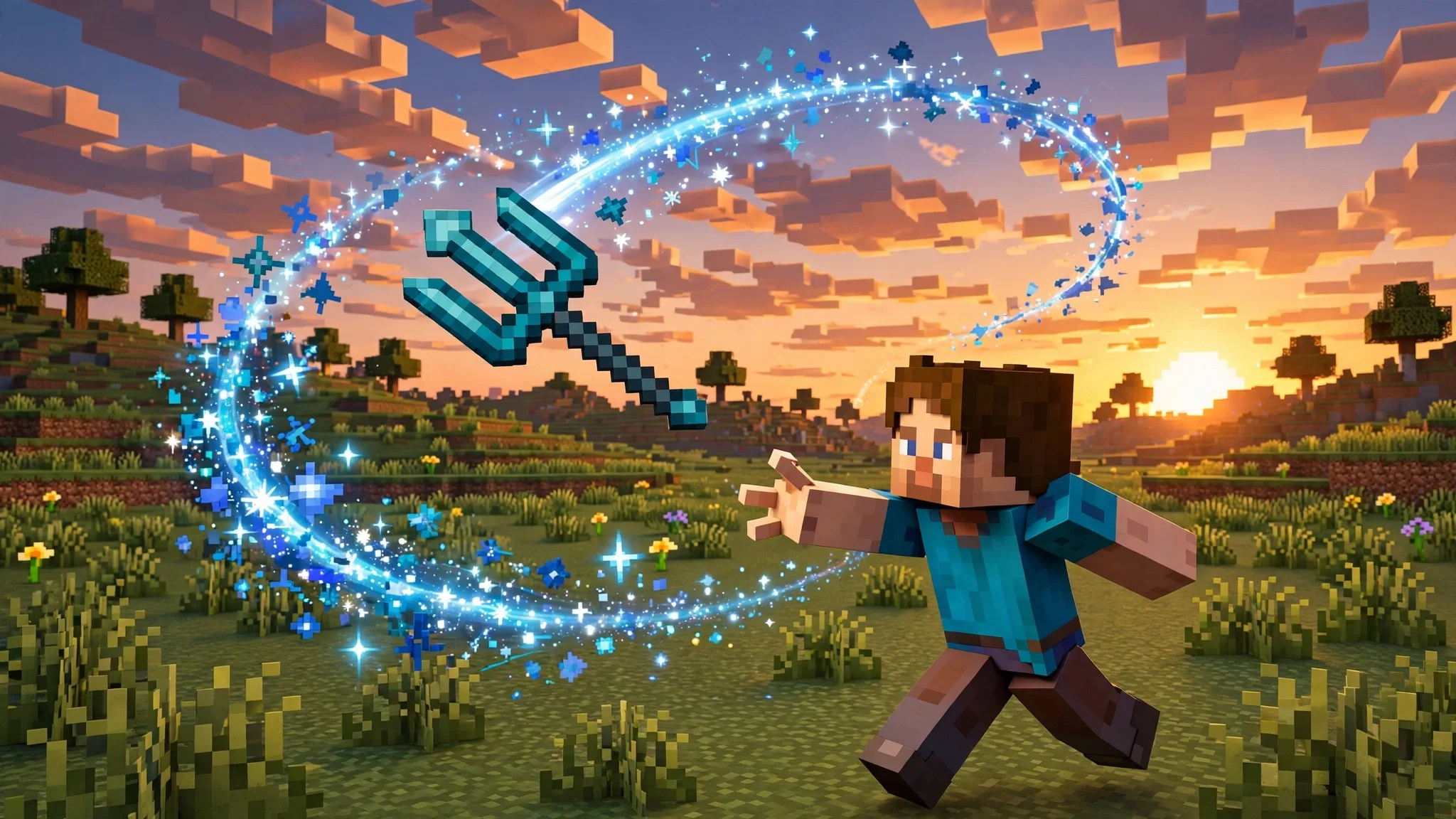 Trident returning to player with Loyalty, one of the best trident enchantments in Minecraft