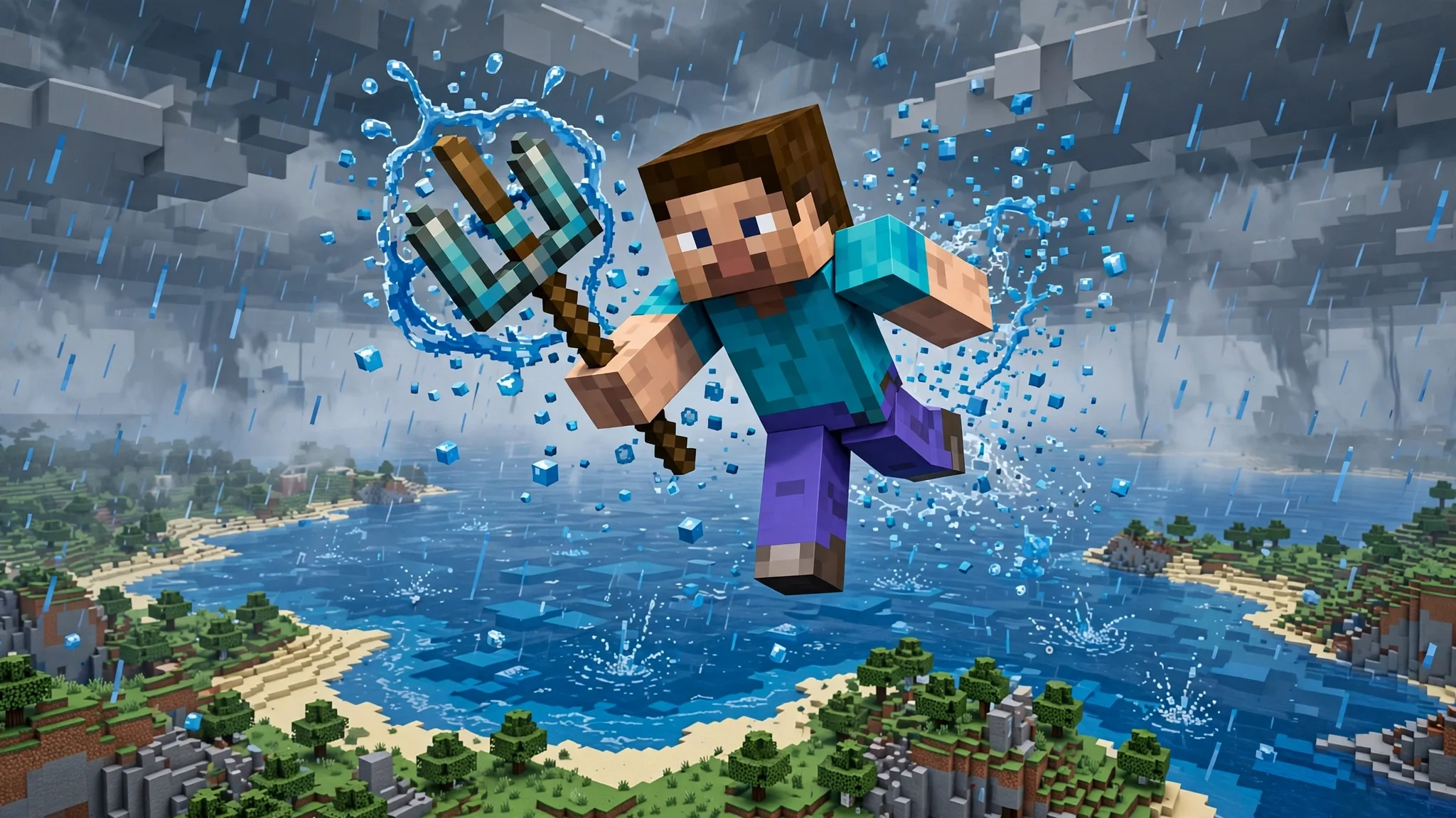 Player flying with Riptide trident in rain, best trident enchantments in Minecraft travel build
