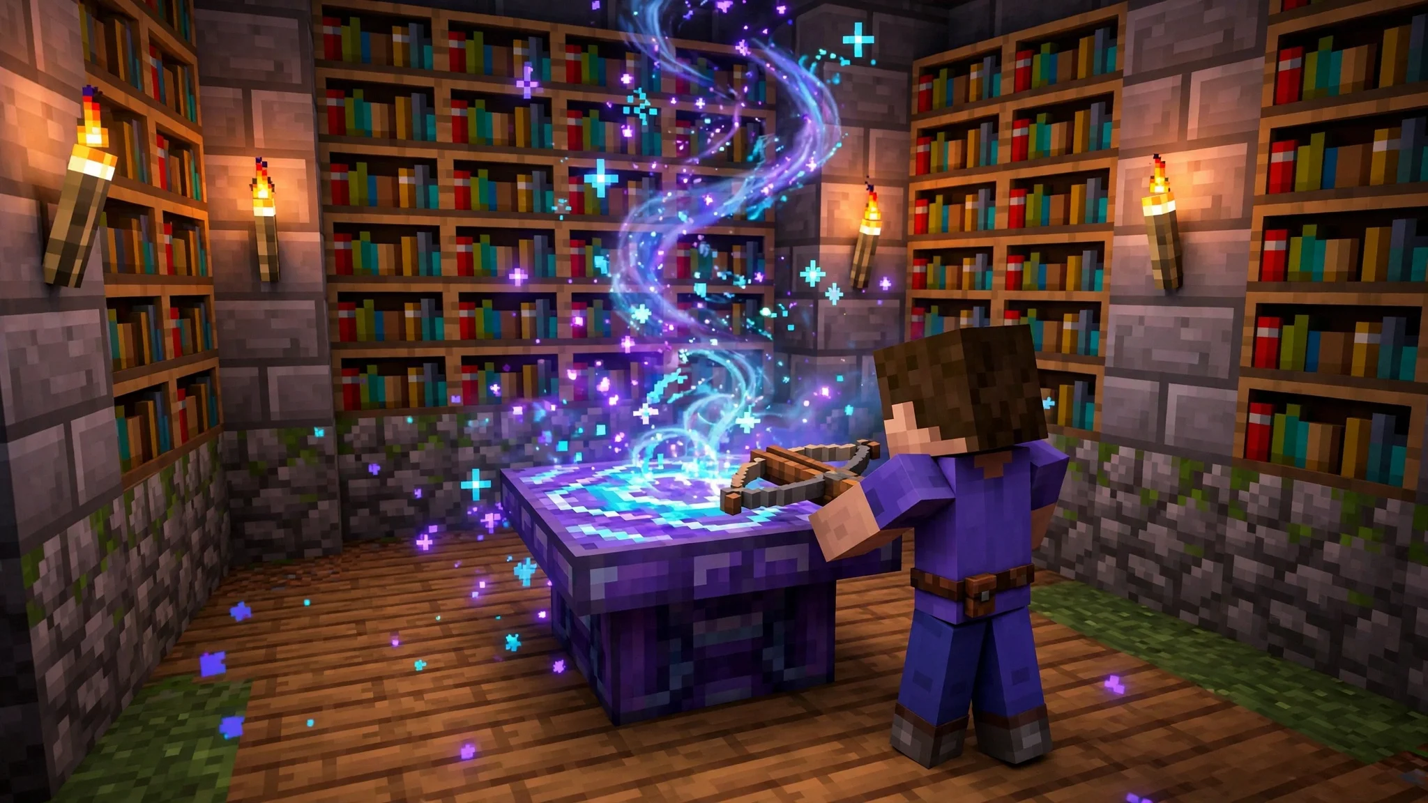 Enchanting a crossbow at an enchanting table surrounded by bookshelves