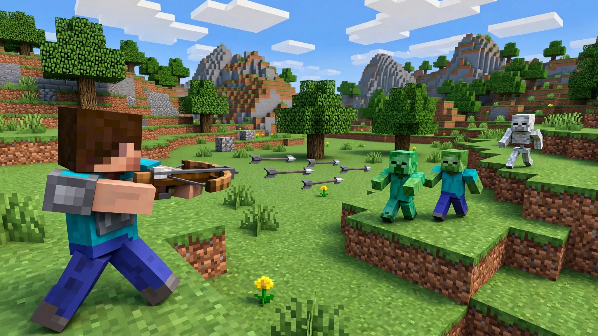 A player firing a crossbow with multiple arrows at mobs in a Minecraft landscape